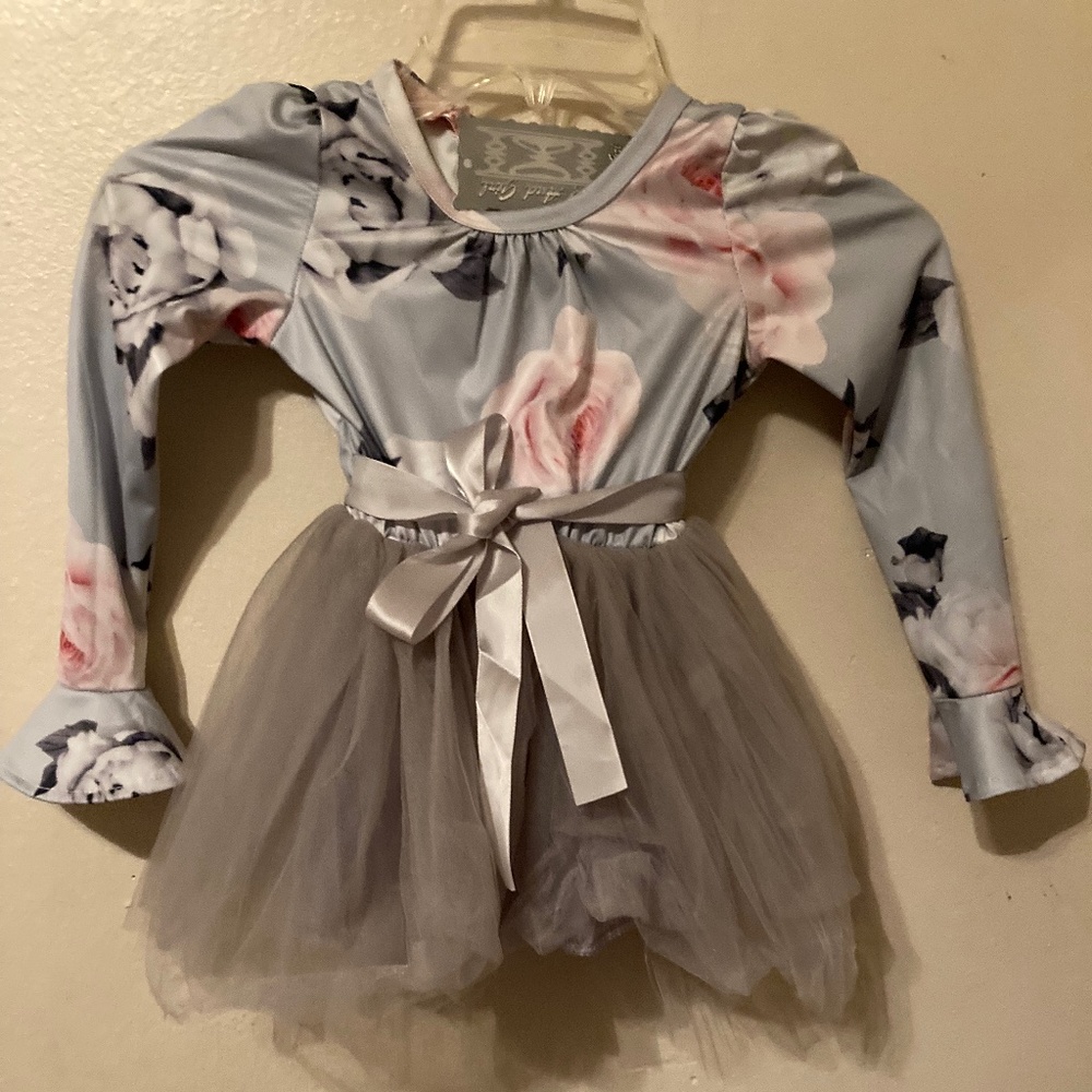 Girls Silver Gray Flower Dress Satin Bow Tulle Tutu 3/4